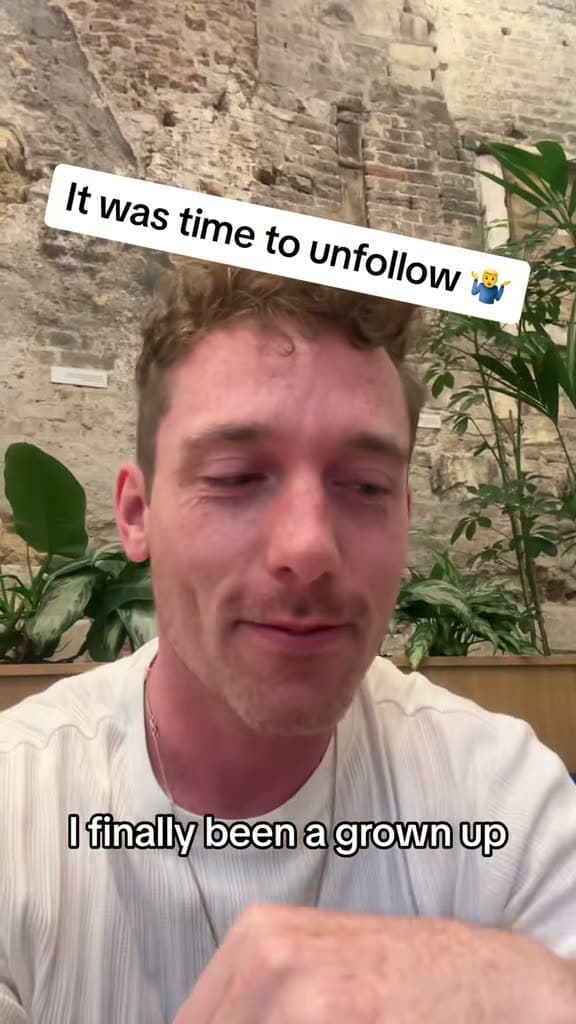 Christopher Adams sat indoors among plants; the title card reads It was time to unfollow