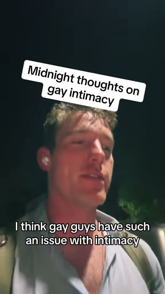 Christopher Adams on a night walk; the title card reads Midnight thoughts on gay intimacy