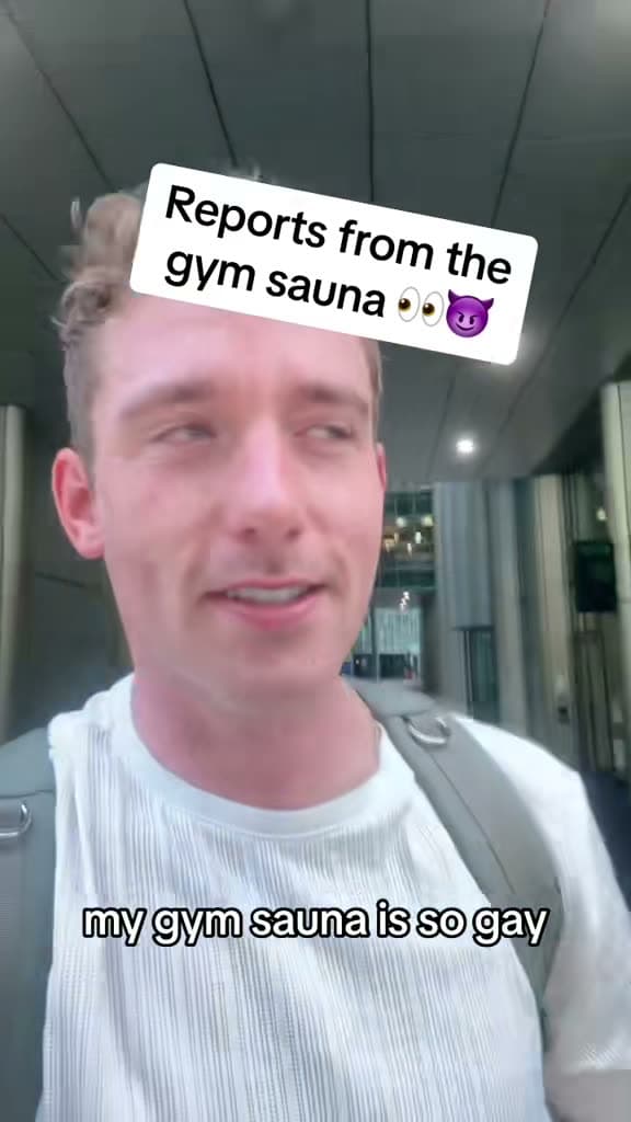 Christopher Adams outside a glass office; the title card reads Reports from the gym sauna