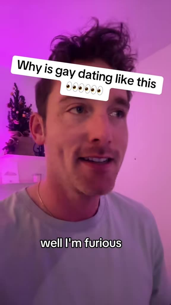 Christopher Adams under purple light; the title card reads Why is gay dating like this