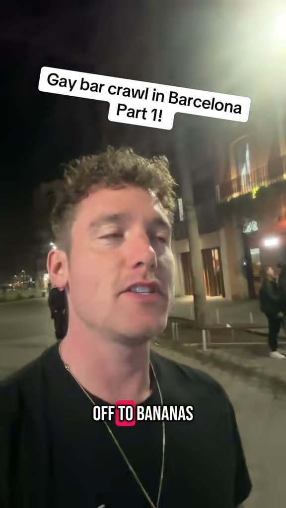 Christopher Adams on a Barcelona street at night; the title card reads Gay bar crawl in Barcelona Part 1