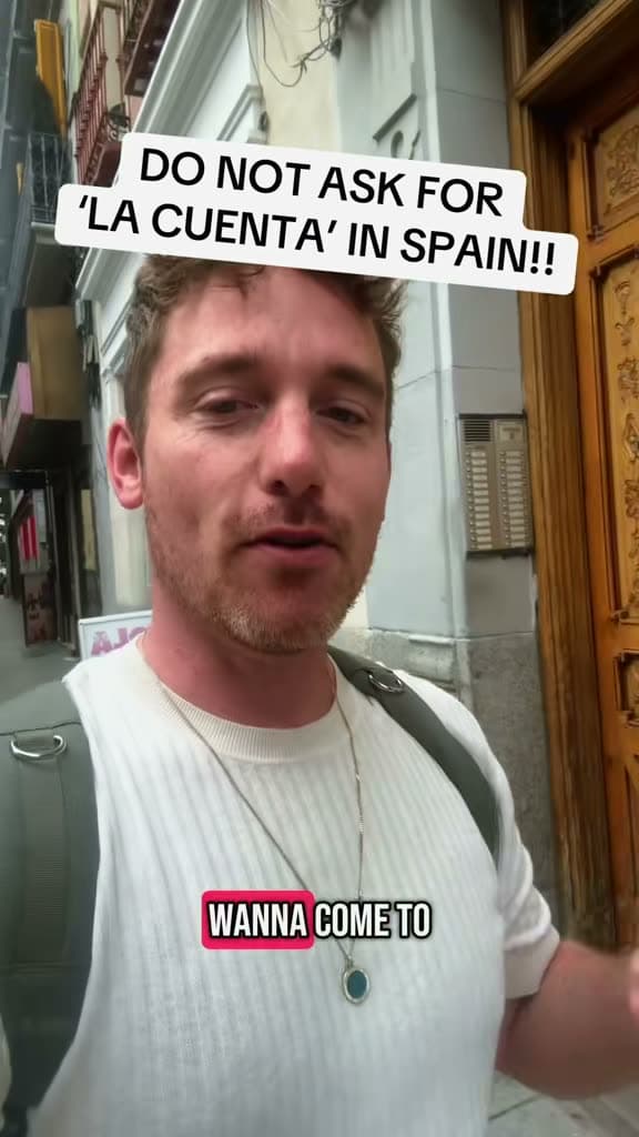 Christopher Adams in a doorway; the title card reads Do not ask for la cuenta in Spain